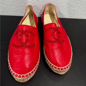 CHANEL Vibrant Red Espadrilles with Logo Detail